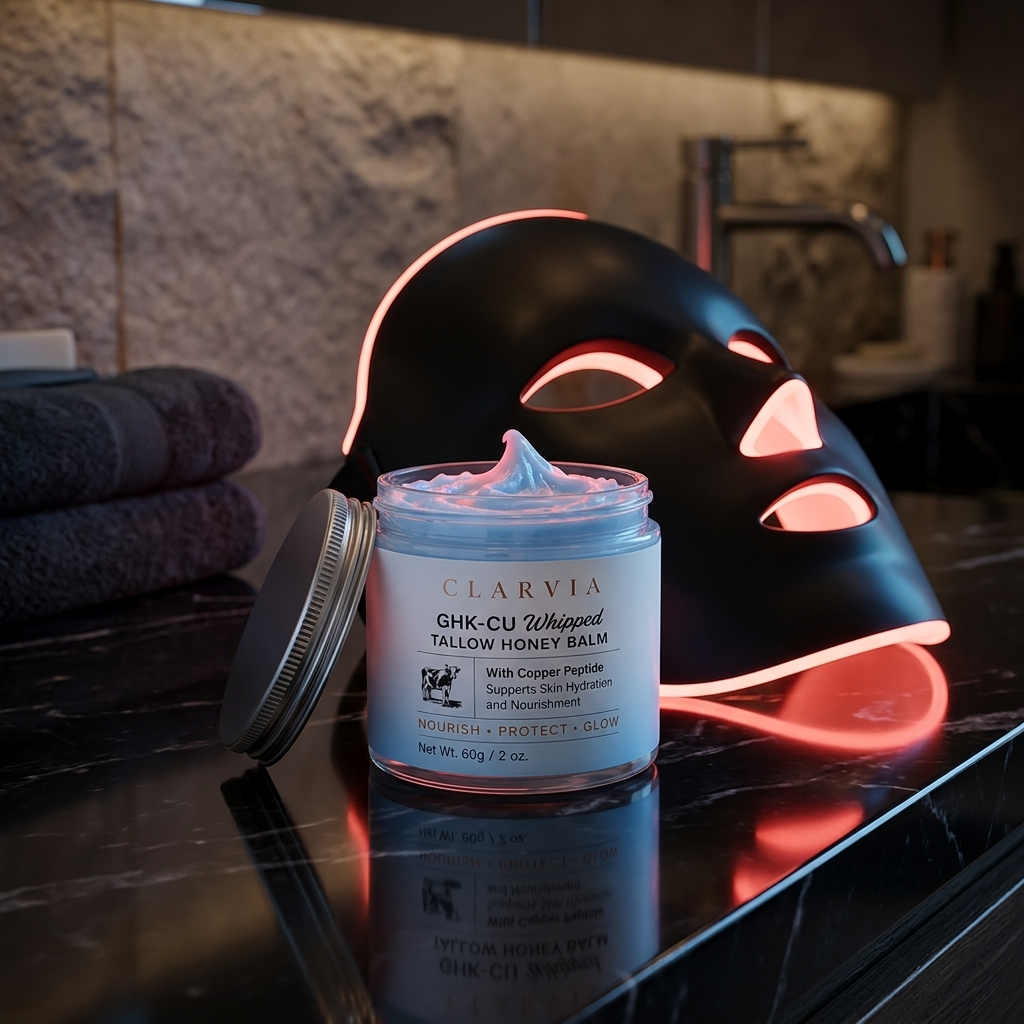 Woman wearing an LED red light mask with a jar of Clarvia in the foreground.