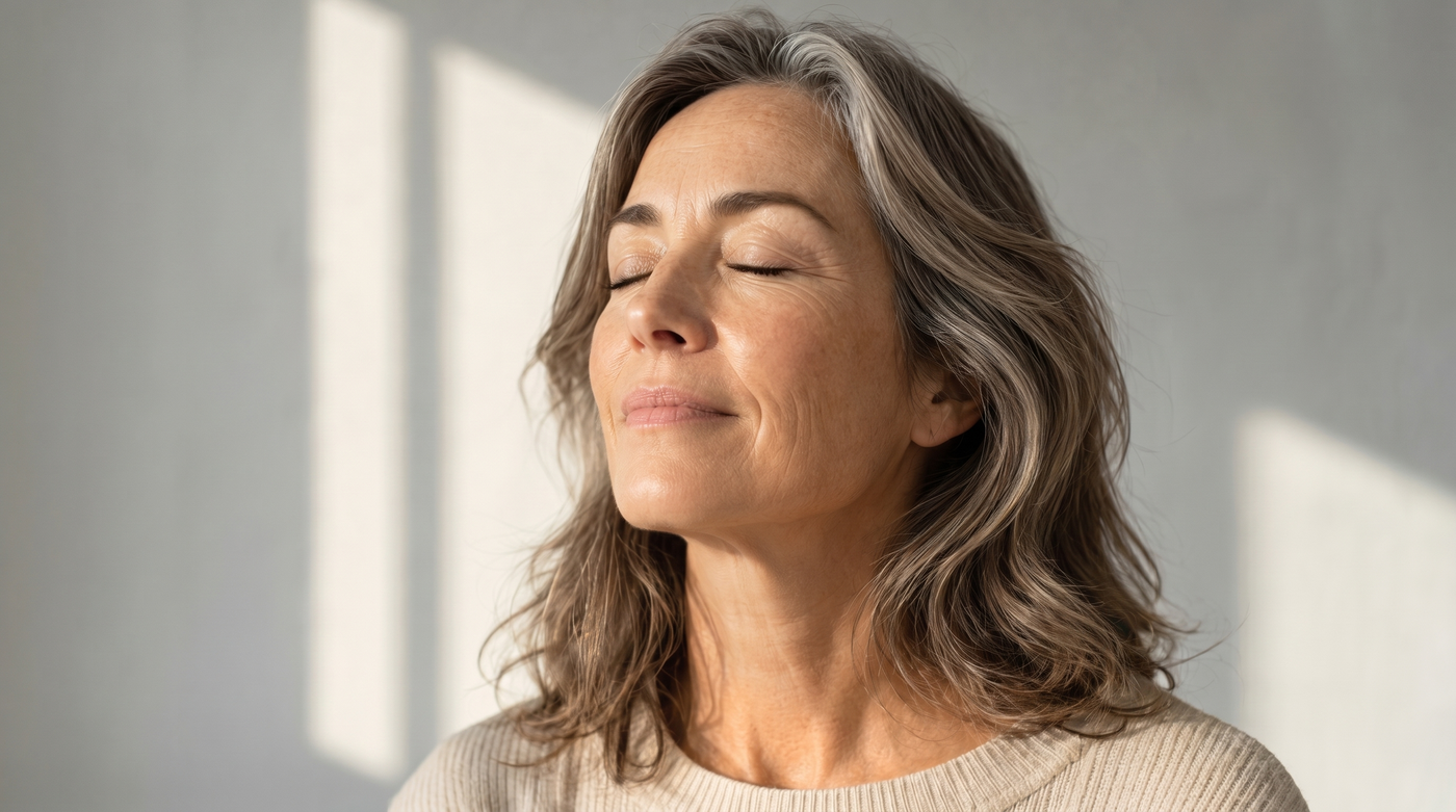 A woman in her fifties in natural light, eyes closed.
